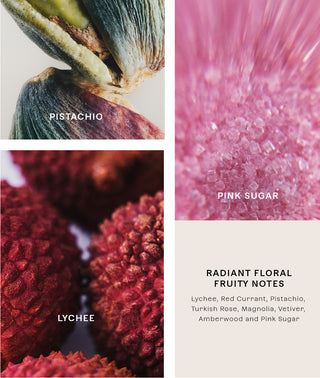 A fragrance notes graphic with three close-up ingredient panels and text reading 'RADIANT FLORAL FRUITY NOTES.' The left panel shows pistachio, the middle panel shows pink sugar, and the lower-left panel shows lychee.