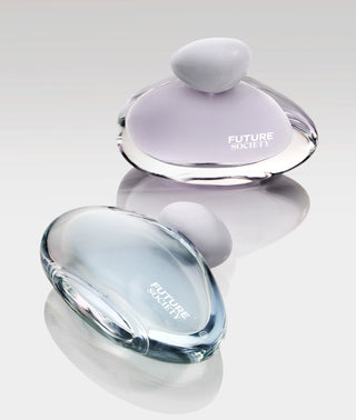 Two glass containers with 'Future Society' branding on a reflective surface.