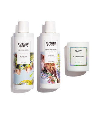 Floating Forest Scented Candle, Body Cleanser, and Body Cream side by side on white background