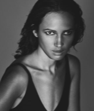 Black and white photo of female model
