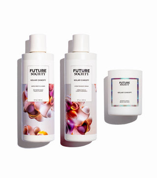Solar Canopy Scented Candle, Body Cleanser, and Body Cream side by side on white background