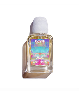 Perfume bottle labeled 'Future Society Solar Canopy' on a white background